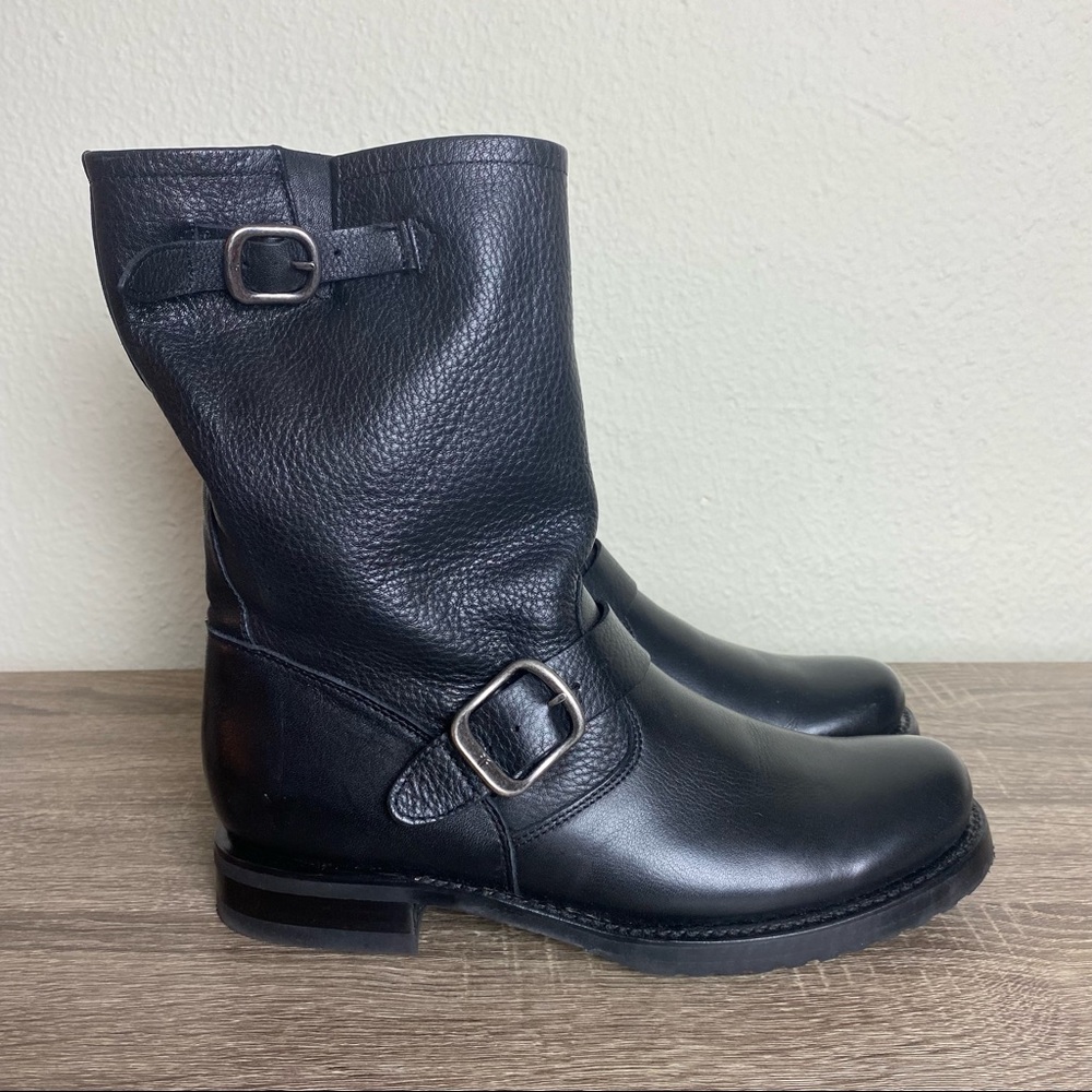 Frye Veronica Leather Buckle Short Mid Calf Moto Boot